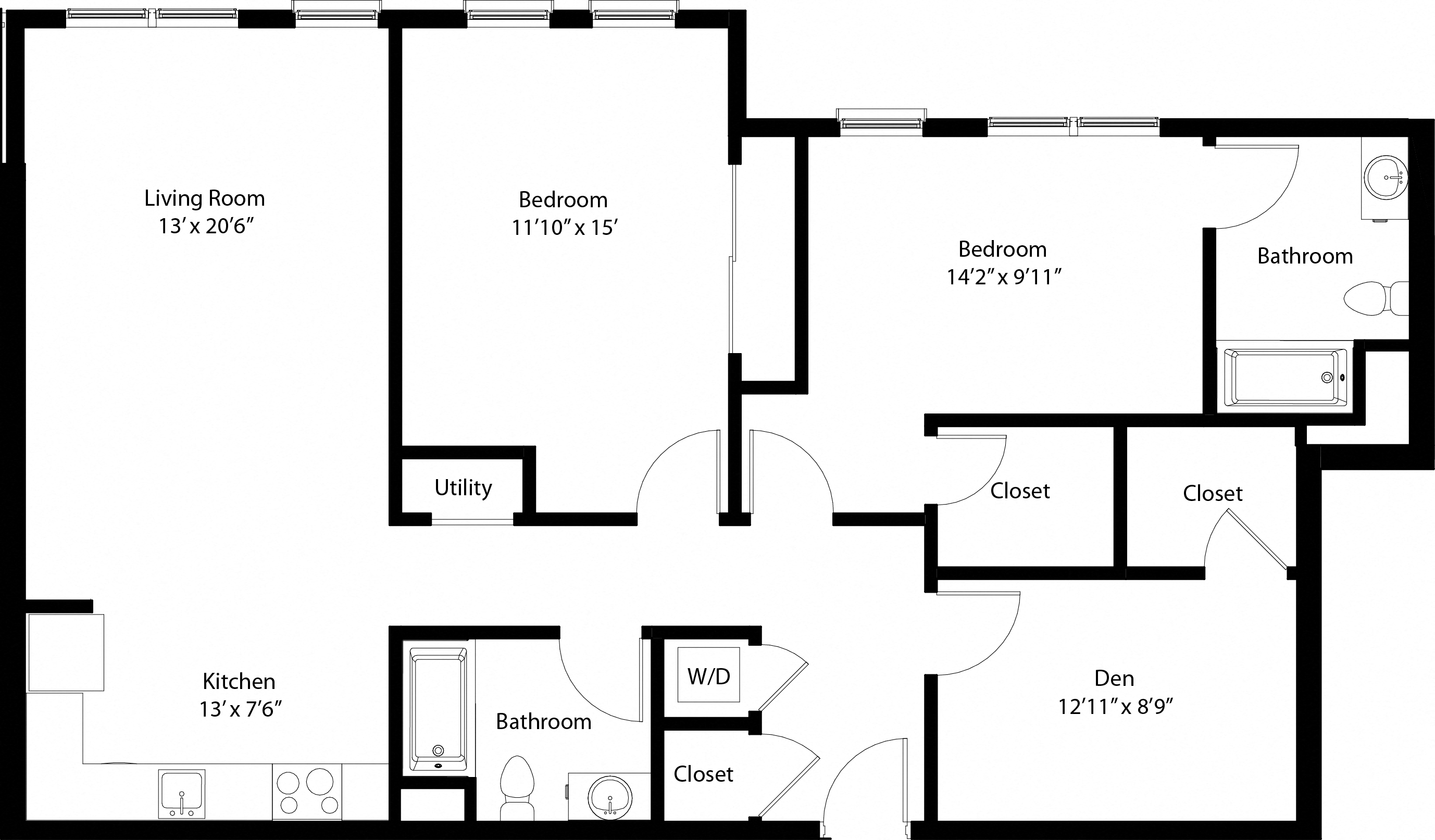 Floor plan for 2 beds, 2 baths, 1181 sqft